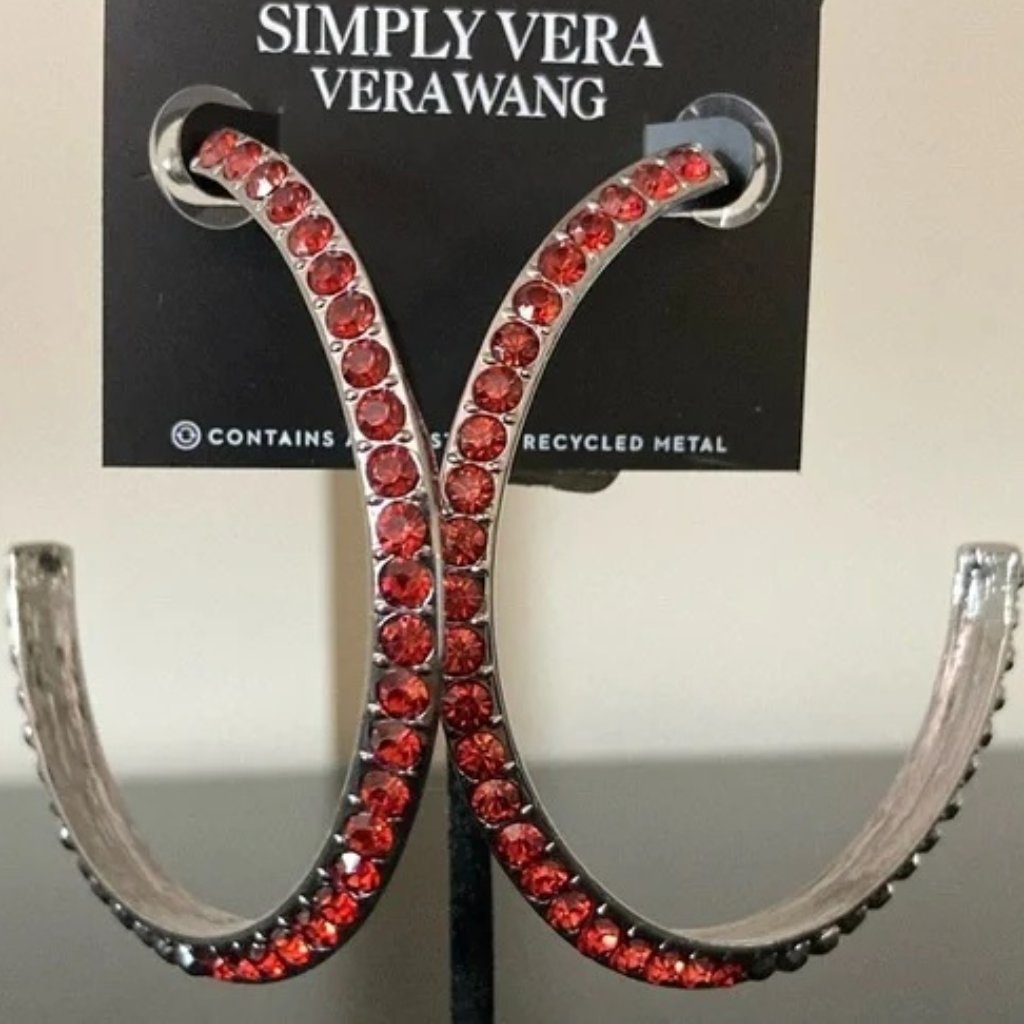 Vera Wang Rocker Chic Gunmetal Red Crystal C Hoop EarringsNew 22$